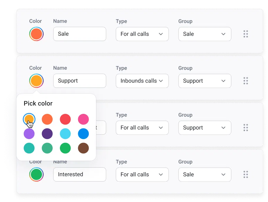 A screenshot of CloudTalk Call Tagging feature for organizing calls by category and color.