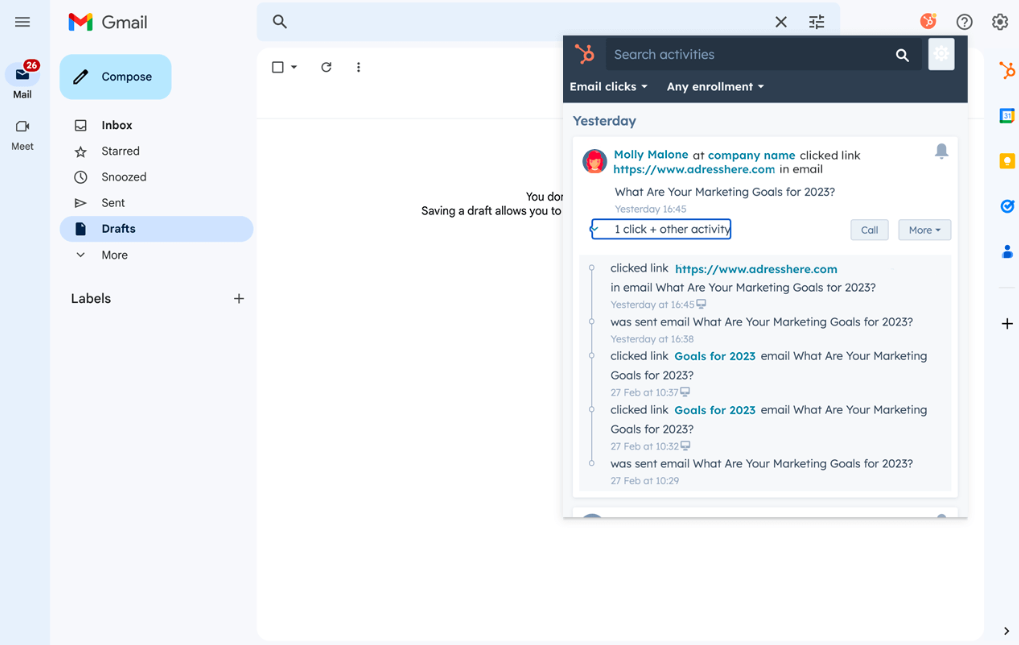 Screenshot of how to insights received on sales emails with Hubspot