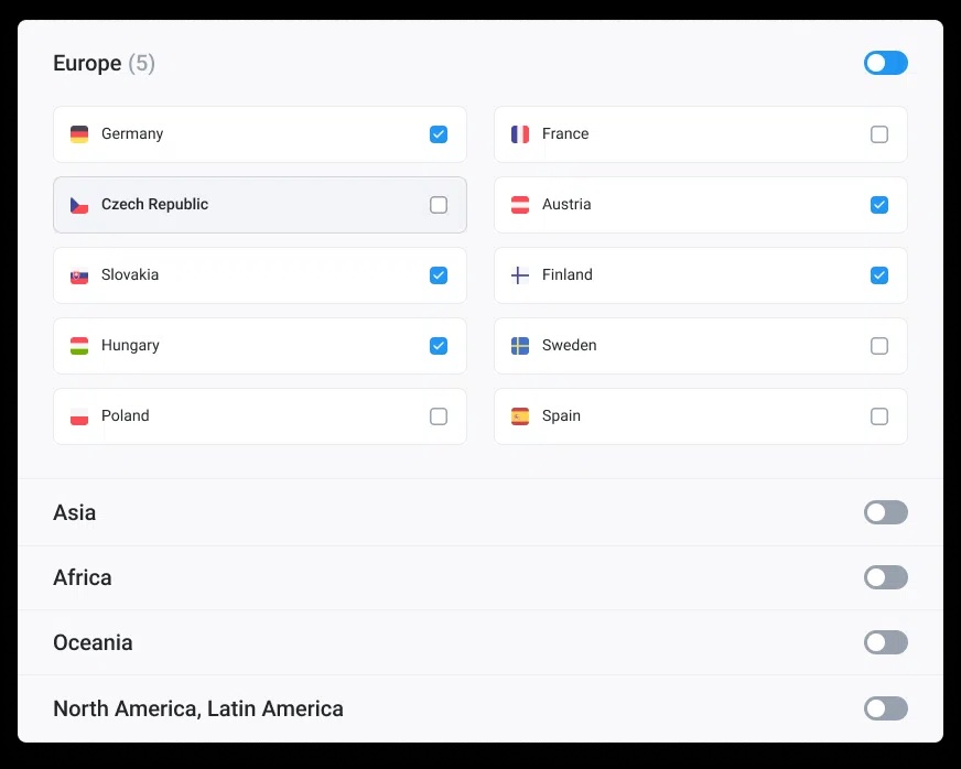CloudTalk's Toll-Free Numbers feature showing countries you can dial across Europe, Asia, Africa, Oceania, and North and Latin America.