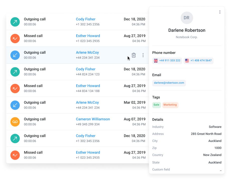 A picture showing Cloudtalk interface with customer details and past interactions.