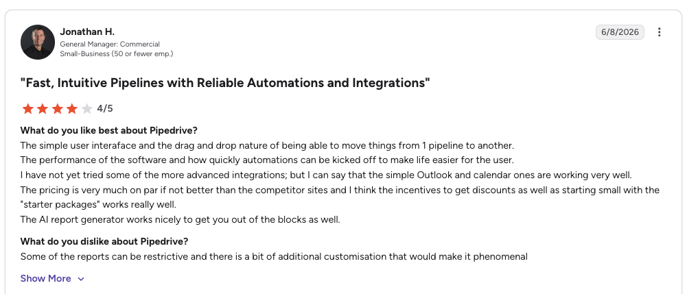 pipedrive g2 review