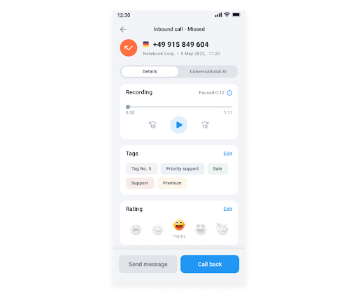 Call with customer tags on, recording, and rating.