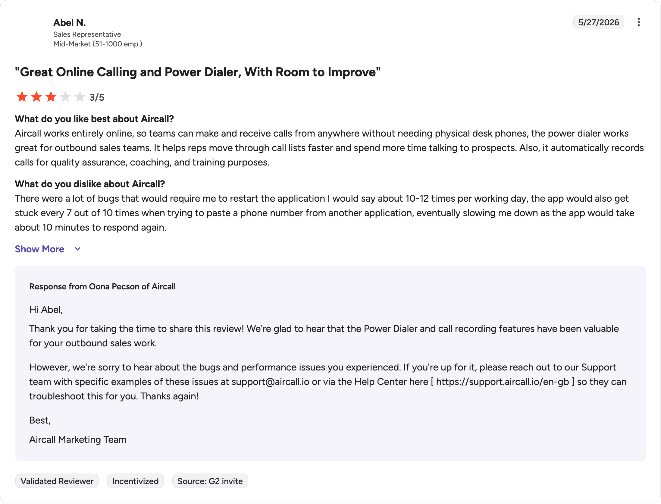 aircall g2 review rating summary