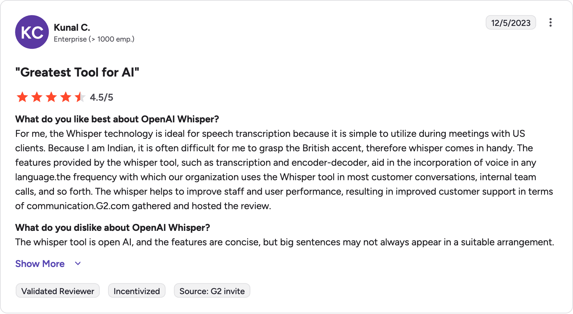 openai whisper g2 review rating summary