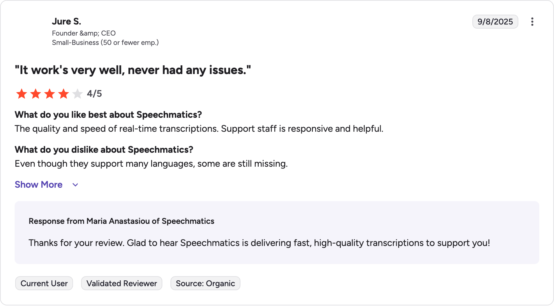speechmatics g2 review rating summary