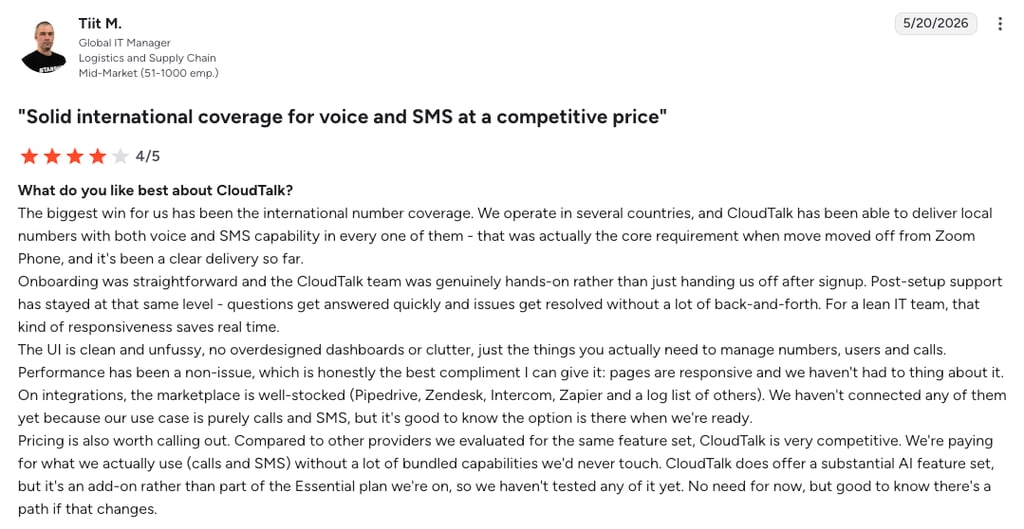 G2 review of CloudTalk rated 4 out of 5 by Tiit M., who moved from Zoom Phone for international coverage