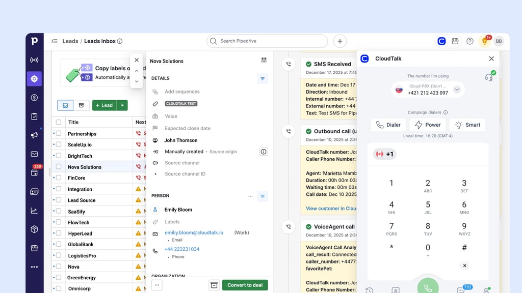 CloudTalk calling panel open inside a Pipedrive lead, with SMS, outbound call and voice agent call activities logged on the record