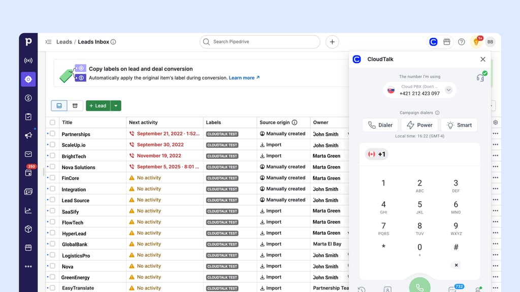 Pipedrive Leads Inbox with the CloudTalk panel showing Dialer, Power and Smart campaign dialers