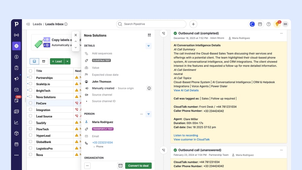 Pipedrive activity for a completed CloudTalk call with an AI call summary, sentiment, topics, tags and a recording link