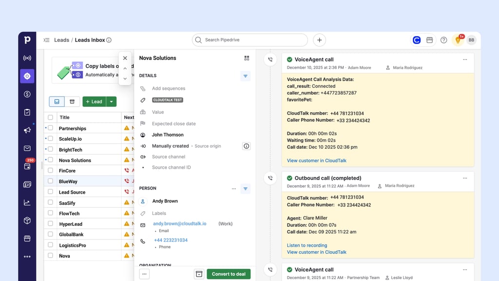 Pipedrive activity feed with CloudTalk VoiceAgent call results next to regular call logs