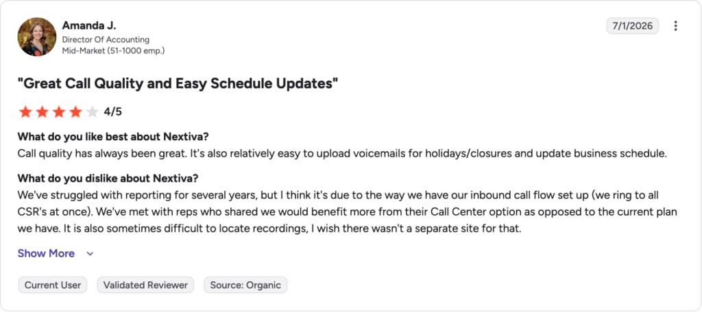 G2 review of Nextiva rated 4 out of 5 by Amanda J.