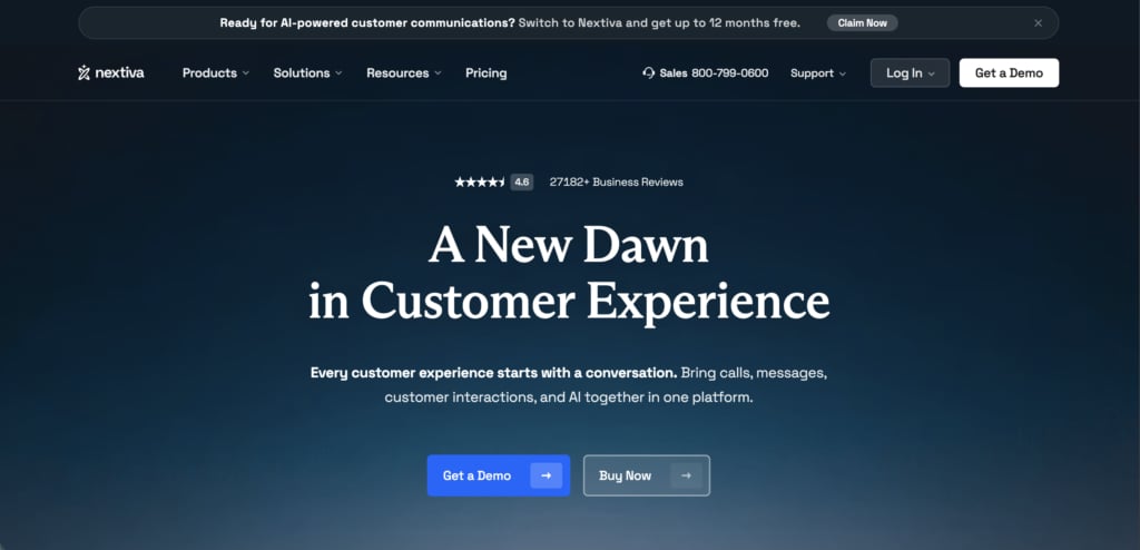 Nextiva homepage with the headline A New Dawn in Customer Experience