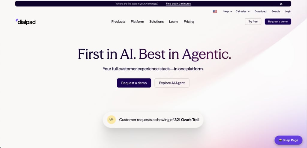 Dialpad homepage with the headline First in AI. Best in Agentic.