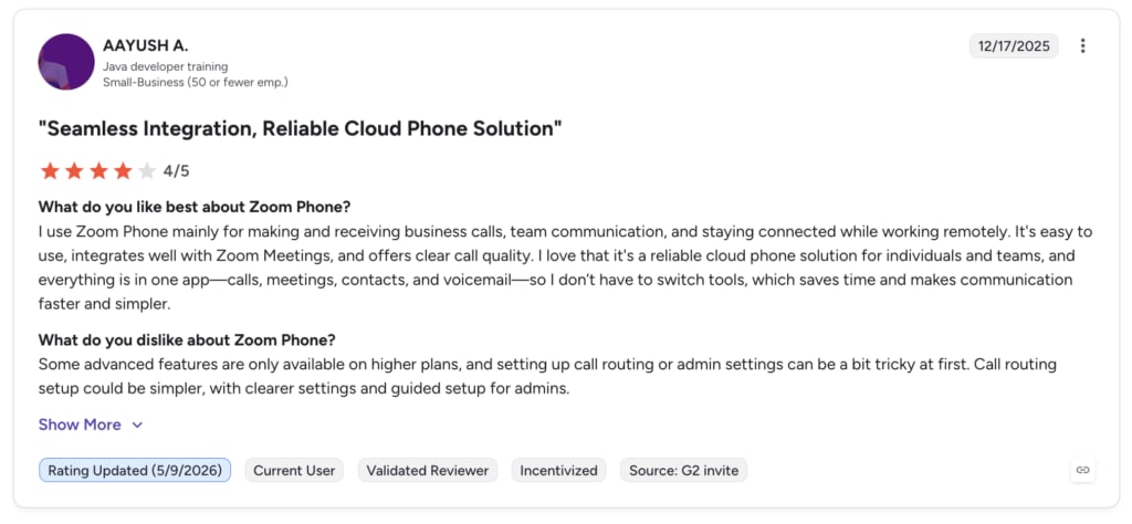 G2 review of Zoom Phone rated 4 out of 5 by Aayush A.