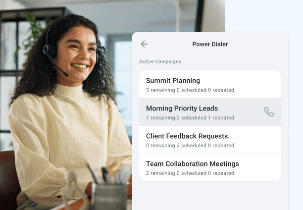 Power dialer campaign list showing active outbound campaigns and their assigned agents