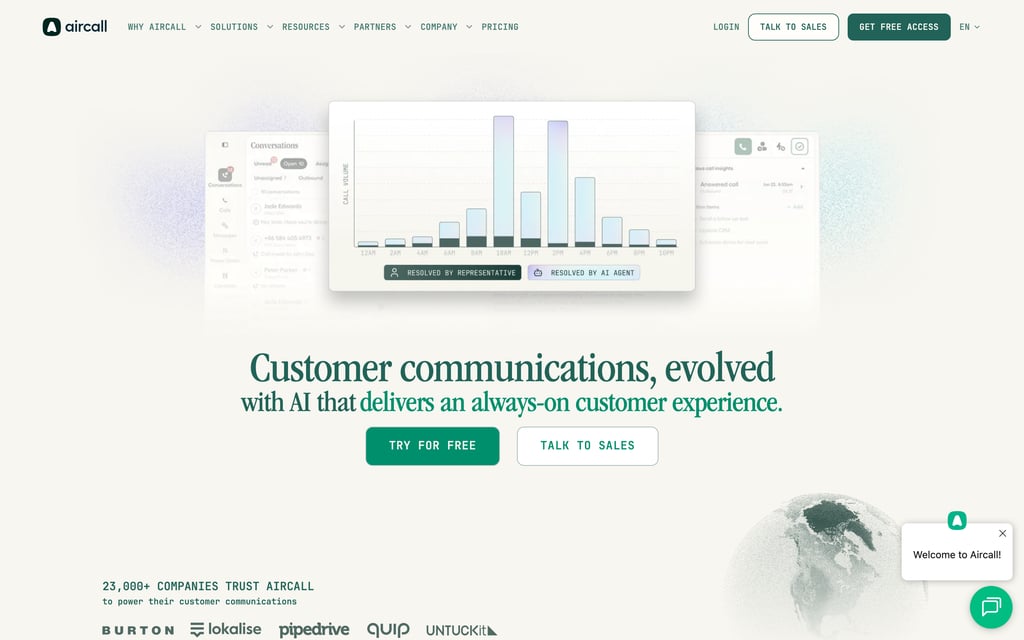 Aircall homepage with the headline Customer communications evolved with AI that handles customer interactions end to end