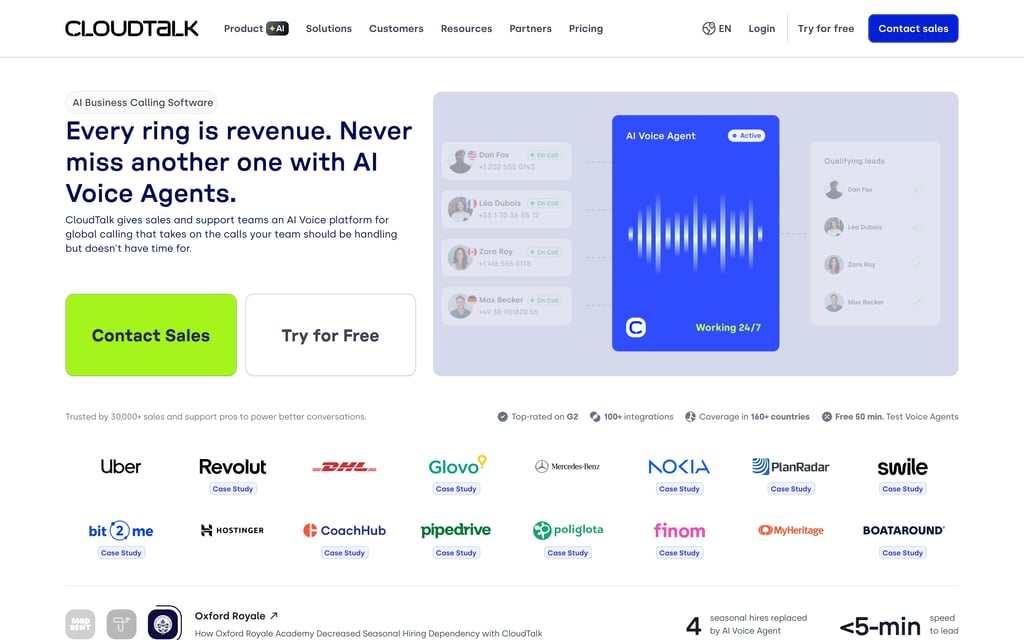 CloudTalk homepage with the headline Every ring is revenue, never miss another one with AI Voice Agents