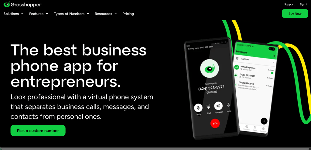 Grasshopper homepage with the headline The best business phone app for entrepreneurs
