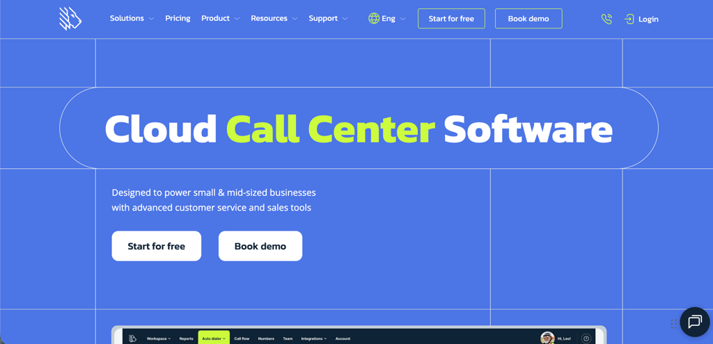 MightyCall homepage with the headline Cloud Call Center Software