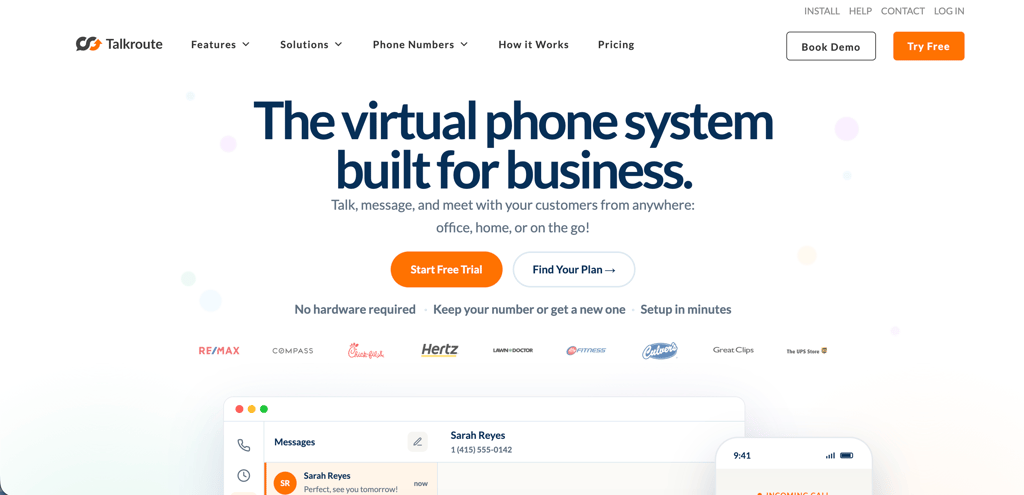 Talkroute homepage with the headline The virtual phone system built for business