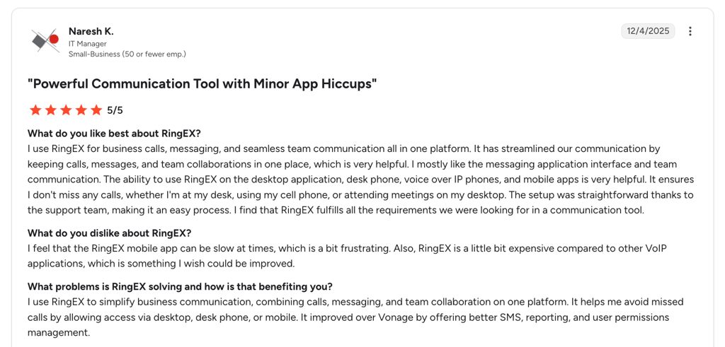 G2 review of RingCentral RingEX rated 5 out of 5 by Naresh K.