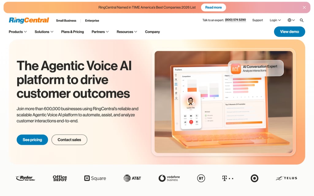 RingCentral homepage with the headline The Agentic Voice AI platform to drive customer outcomes, and a subhead citing more than 600,000 businesses