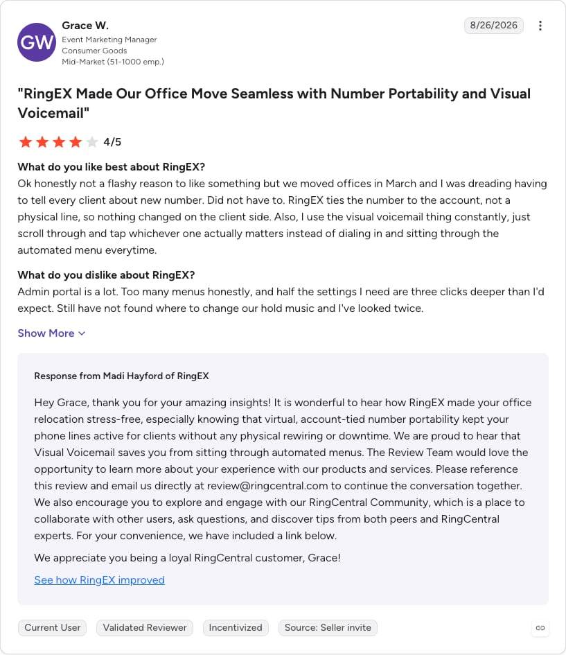 G2 review of RingEX from a mid-market event marketing manager, rated 4 out of 5, praising number portability during an office move but saying the admin portal has too many menus and half the settings sit three clicks deeper than expected. Badged Incentivized and Source: Seller invite