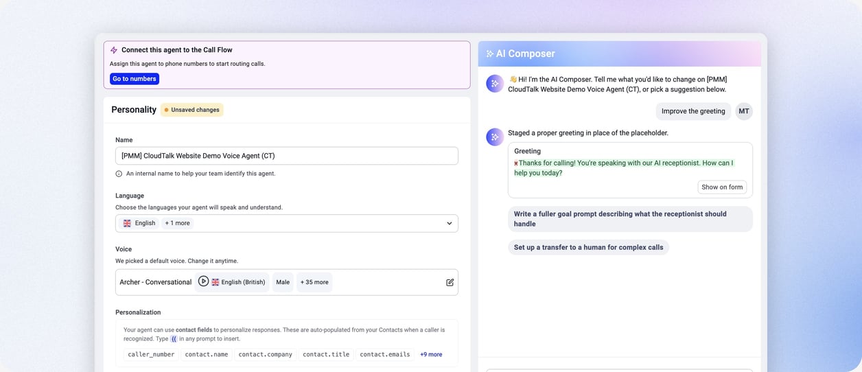 AI Composer suggesting a new greeting next to the voice agent settings