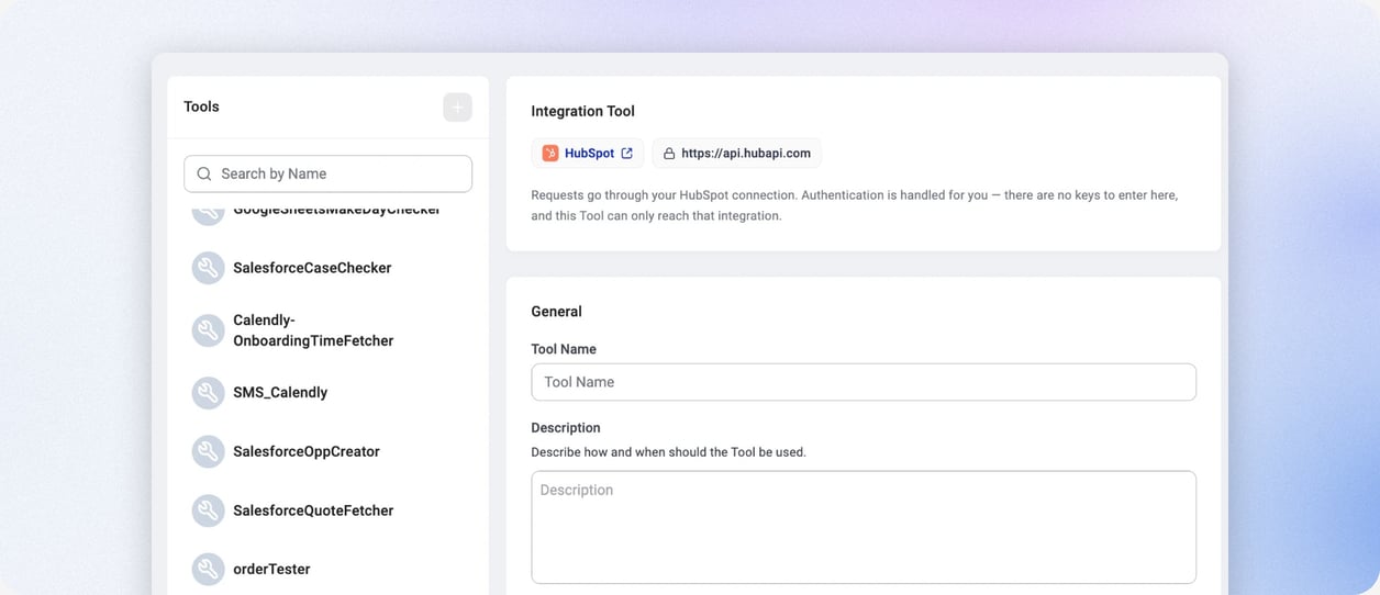 Integration tool settings for a voice agent using a connected HubSpot account