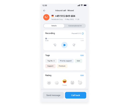 Call with customer tags on, recording, and rating.