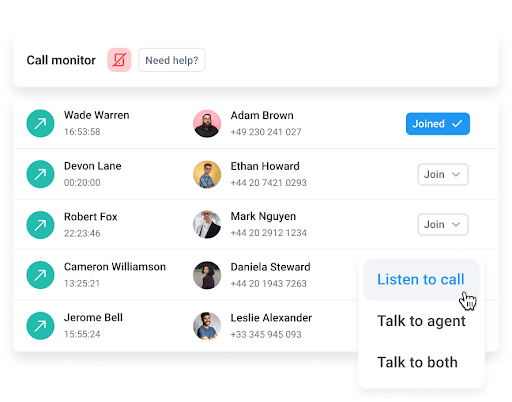 Call monitoring feature to assess call quality and identify training issues