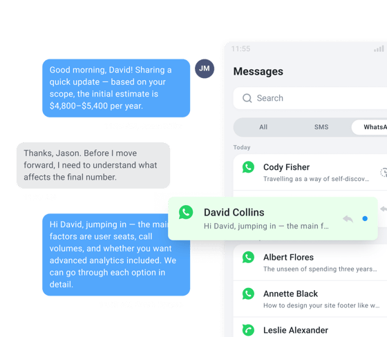CloudTalk Messages inbox showing SMS and WhatsApp threads next to calls