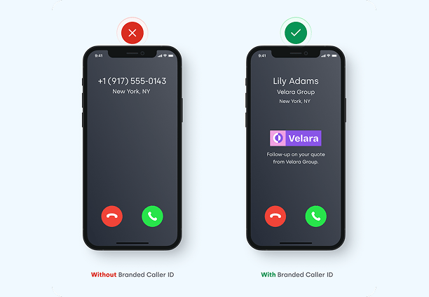 Incoming call screen showing a verified business name and logo instead of a phone number
