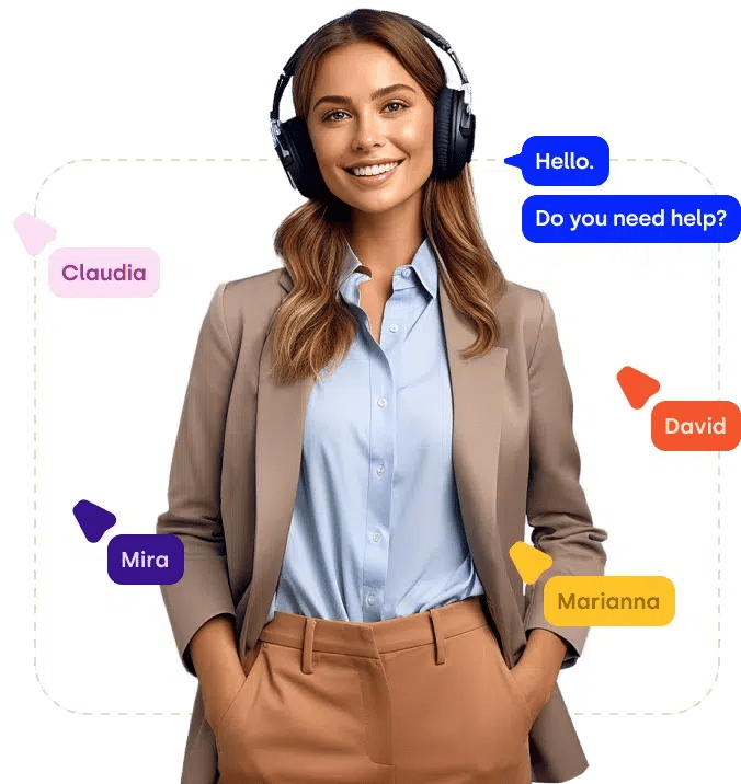 AI image of a female call agent surrounded by customer conversations