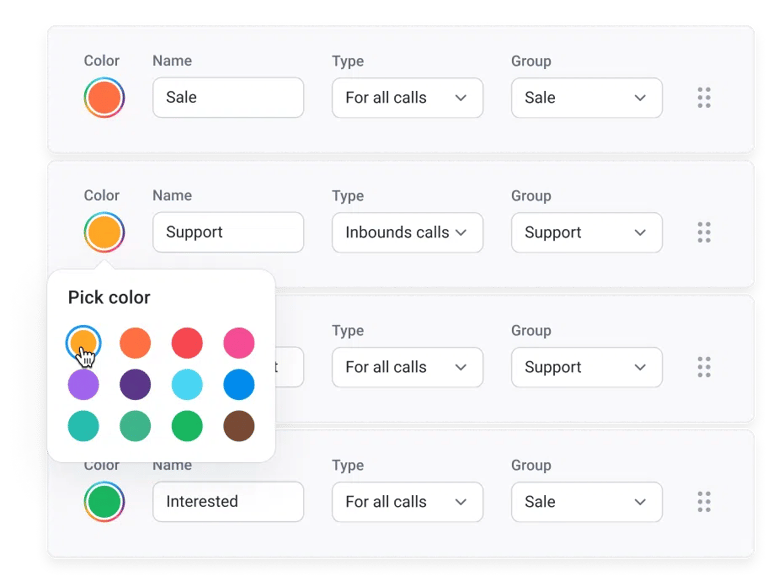 A screenshot of CloudTalk Call Tagging feature for organizing calls by category and color.
