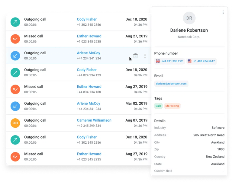 CloudTalk's Customer Details feature showing key information like company name and phone number for future outreach