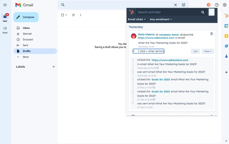 Screenshot of how to insights received on sales emails with Hubspot
