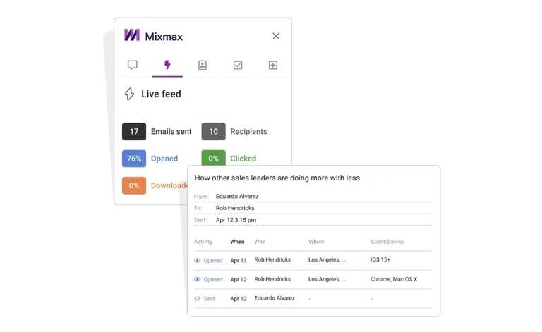 Screenshot of a live feed on email statistics in Mixmax