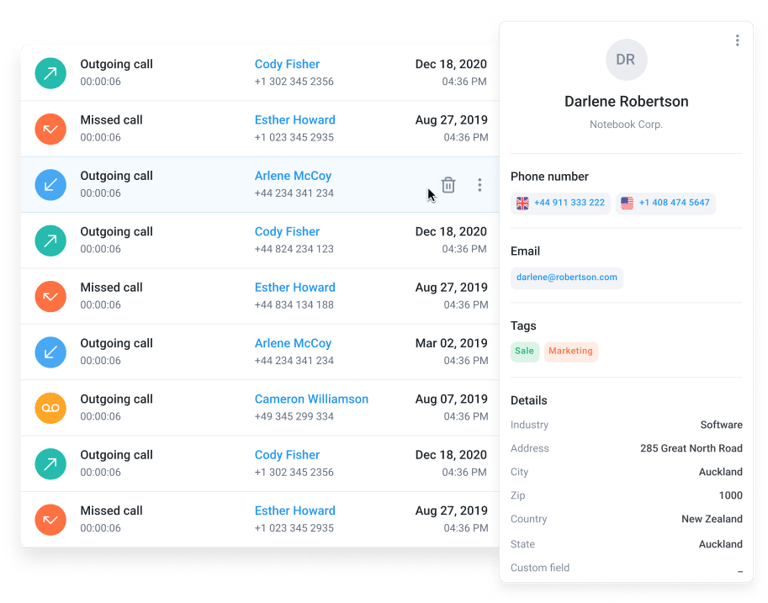 A picture showing Cloudtalk interface with customer details and past interactions.