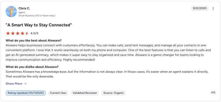Aloware G2 review rating screenshot for Salesforce dialer