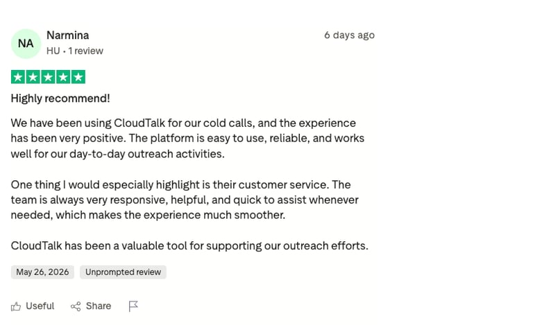 cloudtalk trustpilot review screenshot