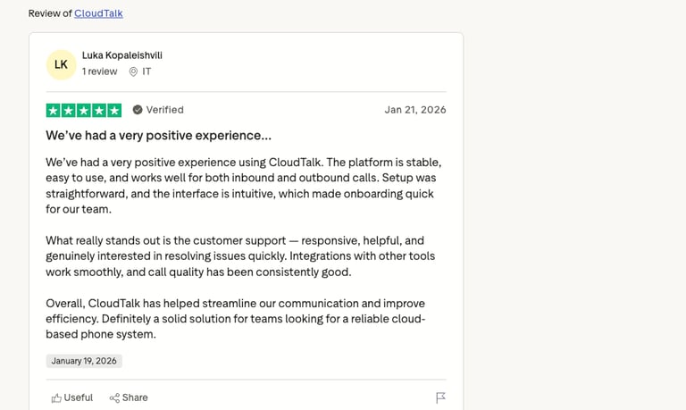 cloudtalk trustpilot review screenshot