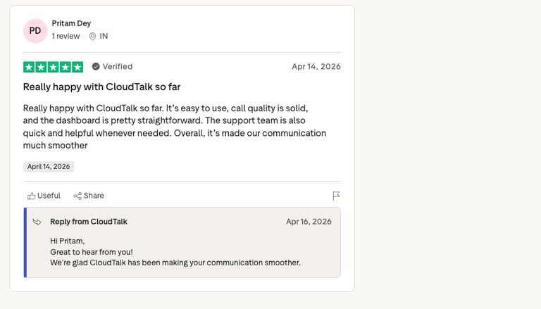 cloudtalk trustpilot review screenshot