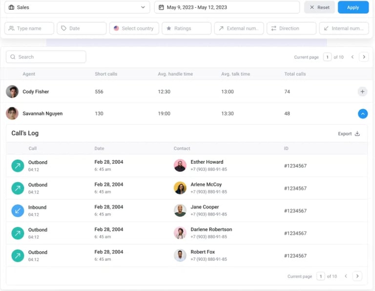 CloudTalk's Agent Reporting feature showcasing average talk time, total calls, short calls, and average call handle time