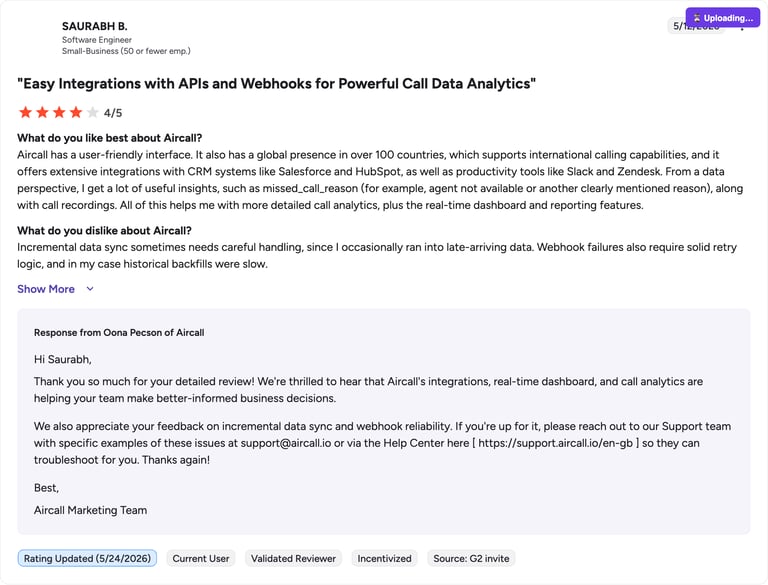 Aircall G2 review rating summary