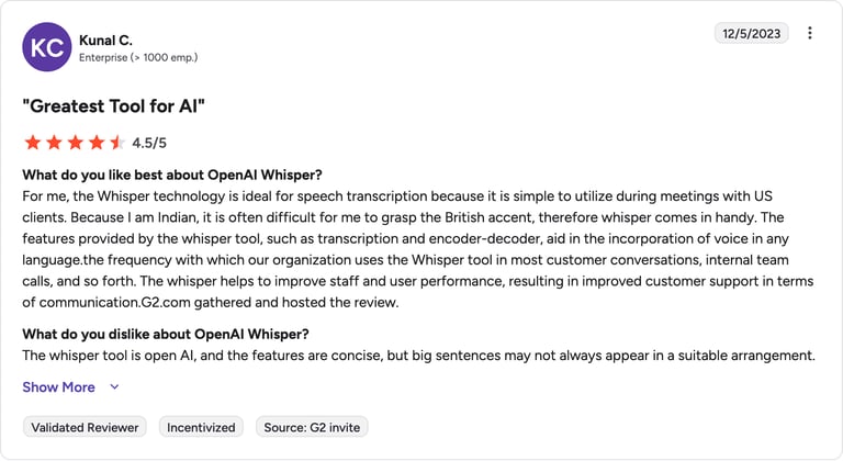 openai whisper g2 review rating summary