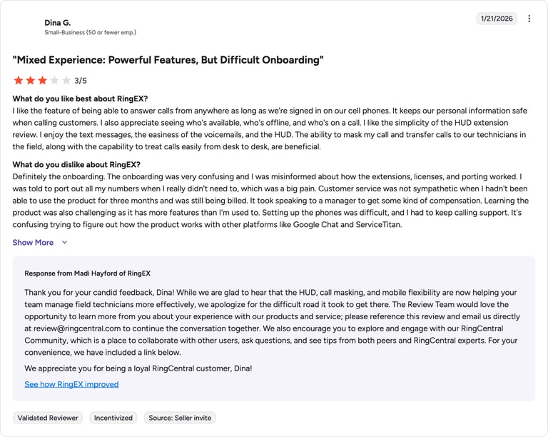 RingCentral G2 review rating summary