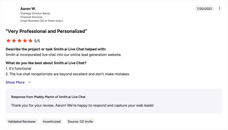 smith-ai g2 review rating summary