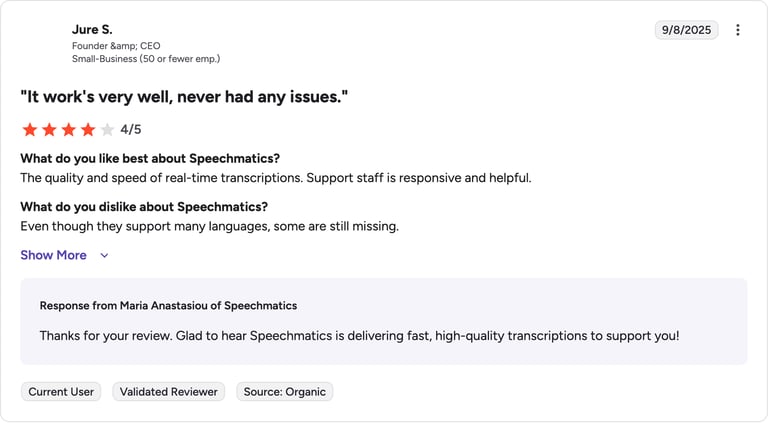 speechmatics g2 review rating summary