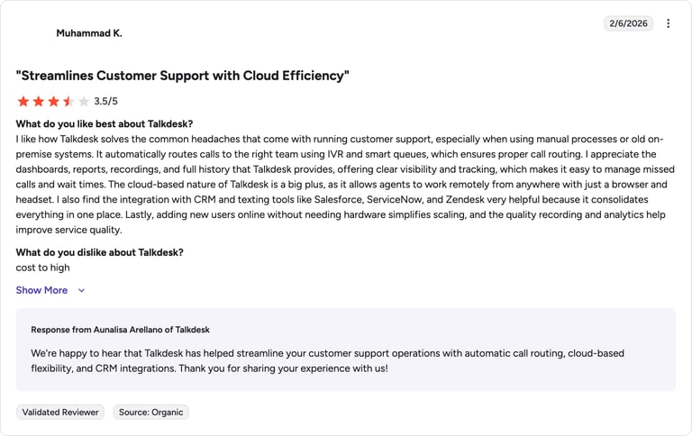 Talkdesk G2 review rating summary